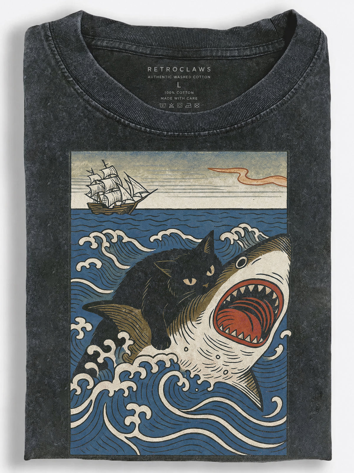 Cat Riding Shark Vintage Washed T-Shirt