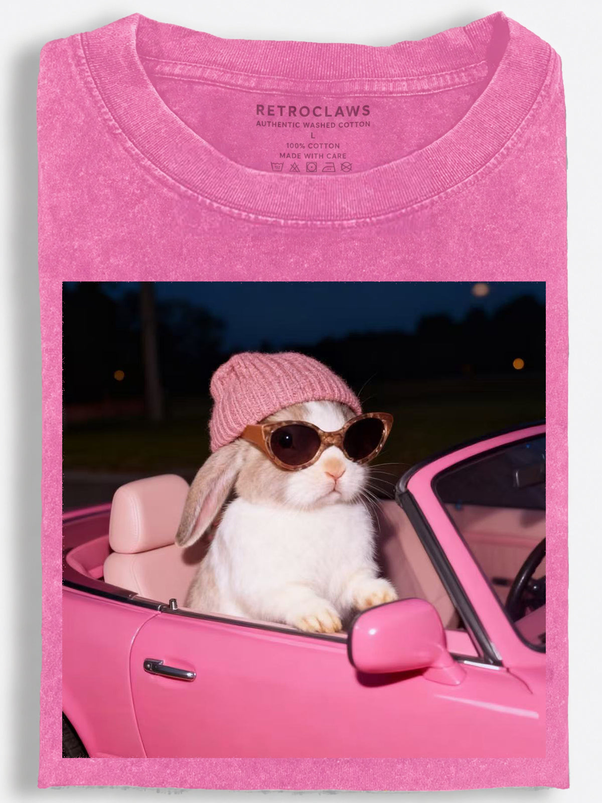Bunny Driving Pink Car Vintage Washed T-Shirt