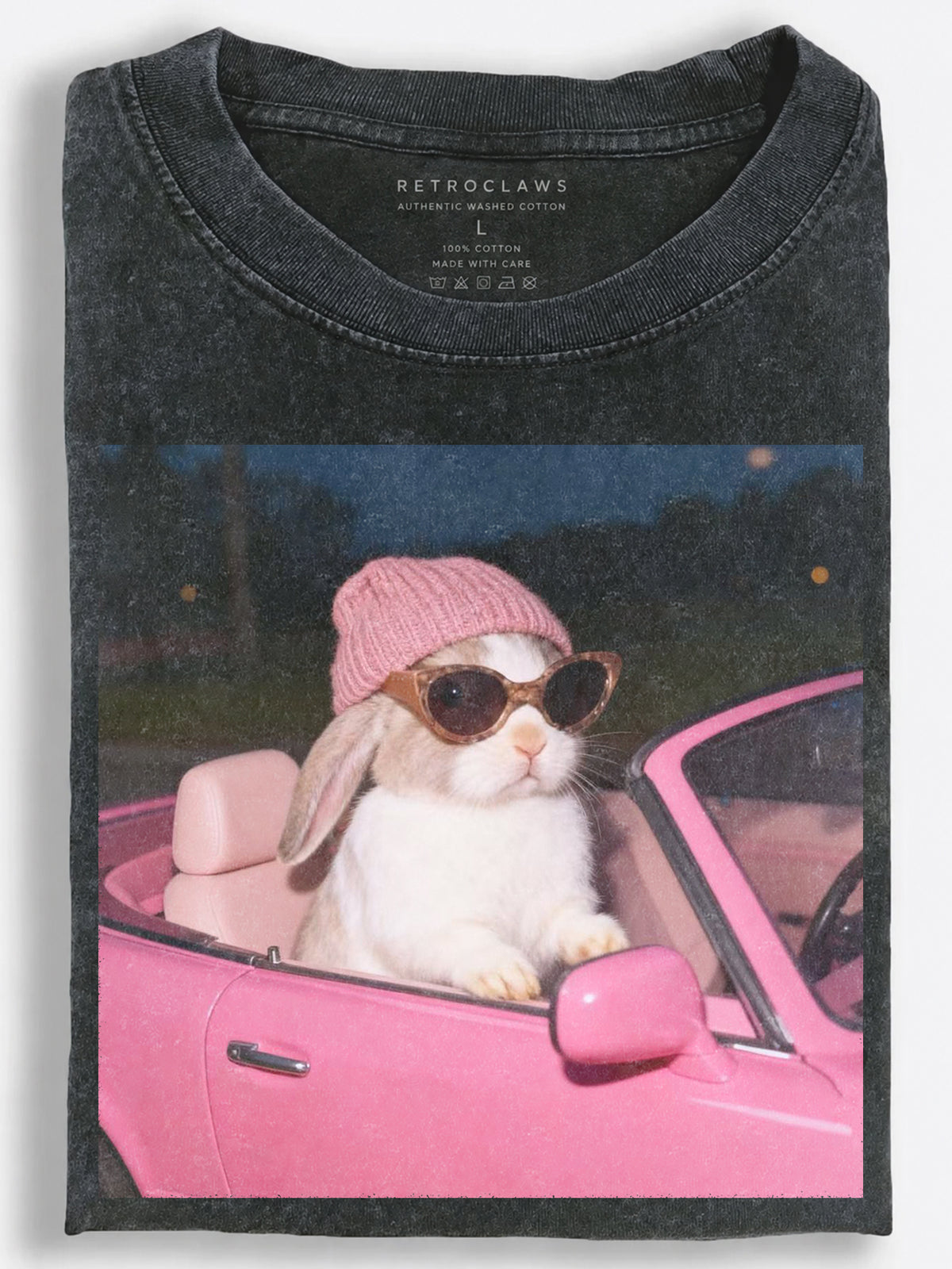Bunny Driving Pink Car Vintage Washed T-Shirt