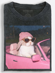 Bunny Driving Pink Car Vintage Washed T-Shirt