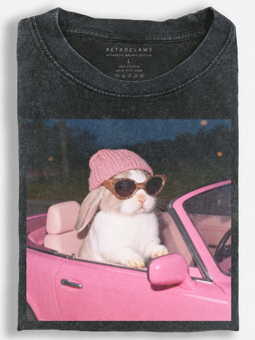 Bunny Driving Pink Car Vintage Washed T-Shirt