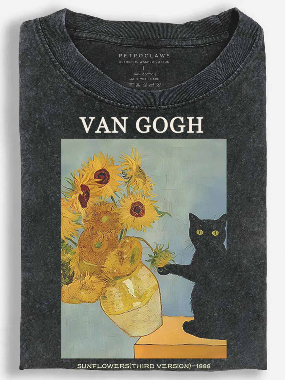 Van Gogh Cat Sunflowers Vintage Washed T-Shirt