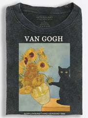 Van Gogh Cat Sunflowers Vintage Washed T-Shirt
