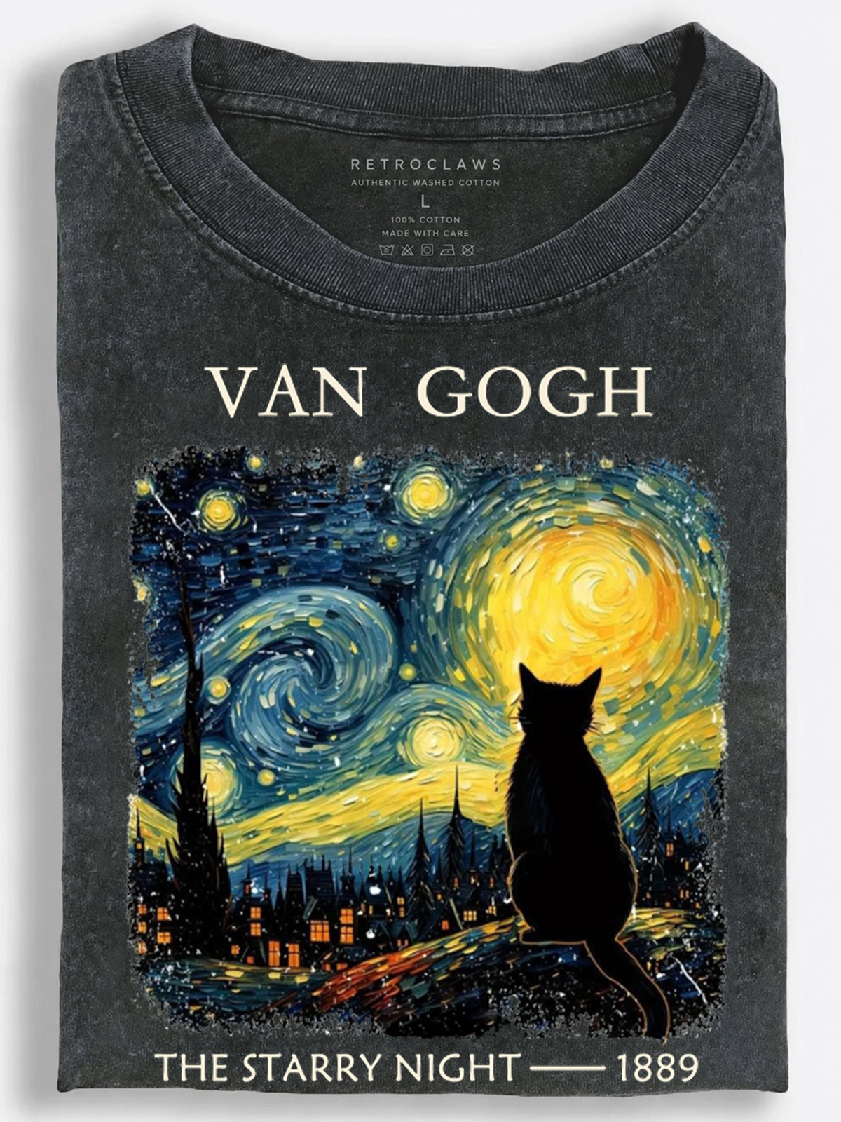 Black Cat Starry Night Scene Vintage Washed T-Shirt