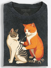 Cat Smoking Together Scene Vintage Washed T-Shirt