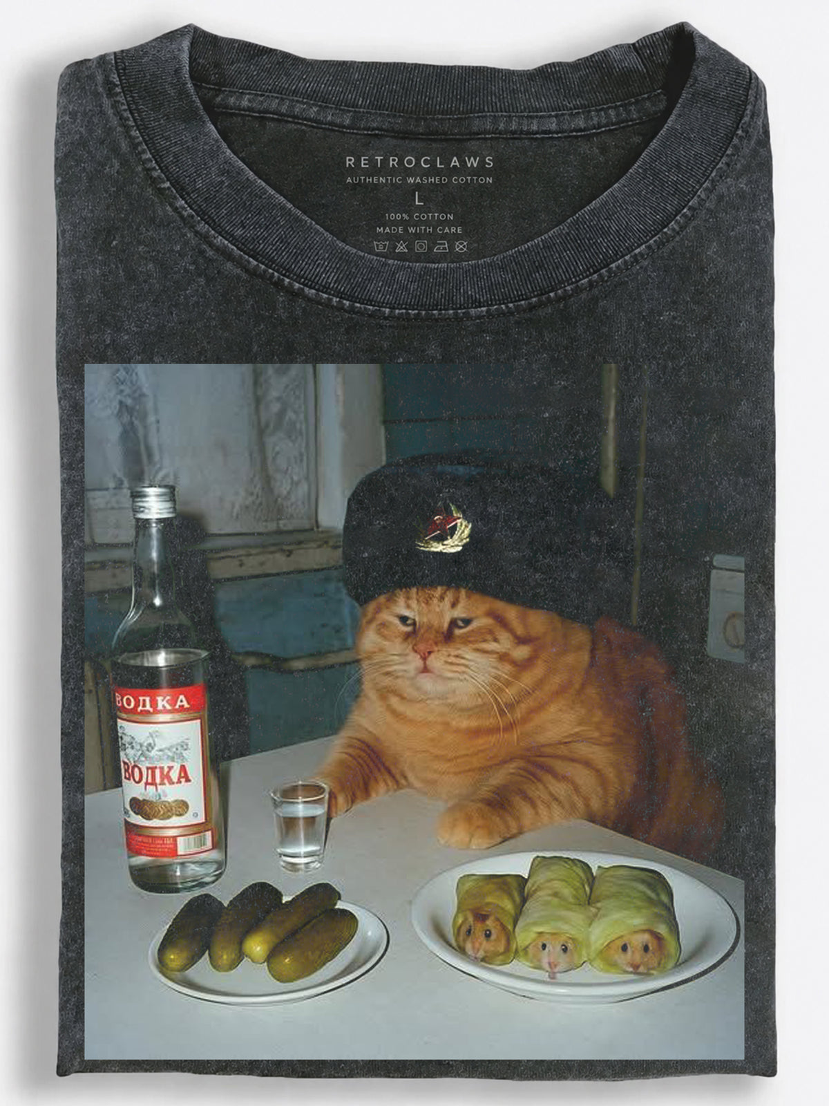 Cat Vodka Drinking Scene Vintage Washed T-Shirt
