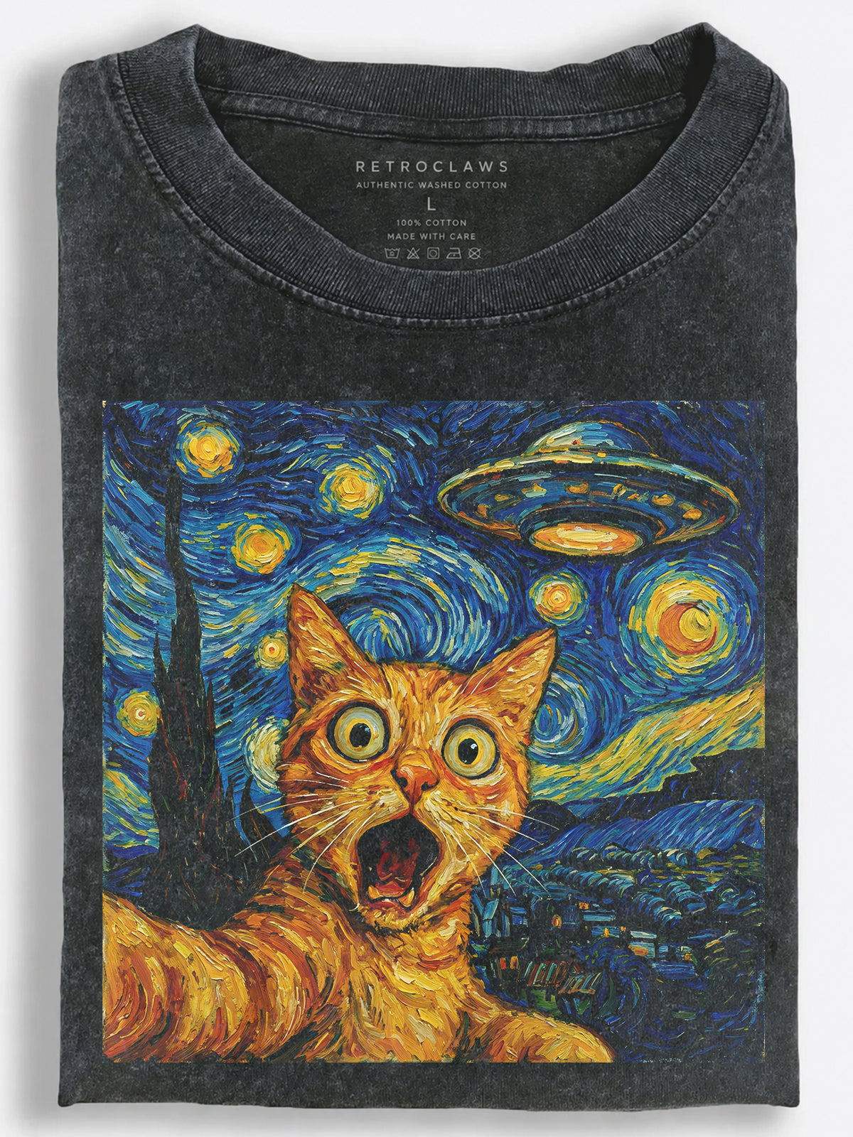 Cat Starry Night UFO Scene Vintage Washed T-Shirt