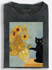 Black Cat with Sunflowers Vintage Washed T-Shirt
