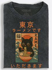 Cat Eating Tokyo Ramen Vintage Washed T-Shirt