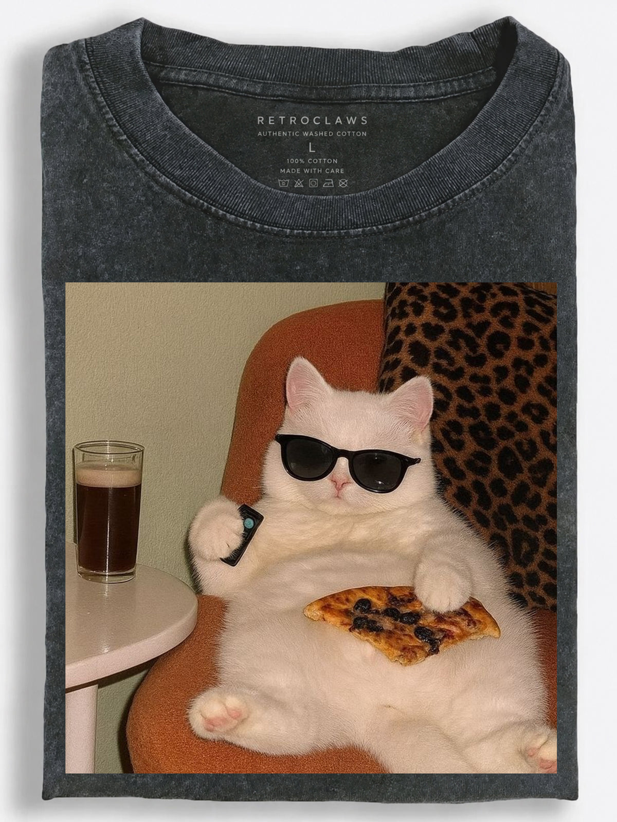 Cat Eating Pizza Vintage Washed T-Shirt