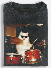 Cat Playing the Drums Vintage Washed T-Shirt