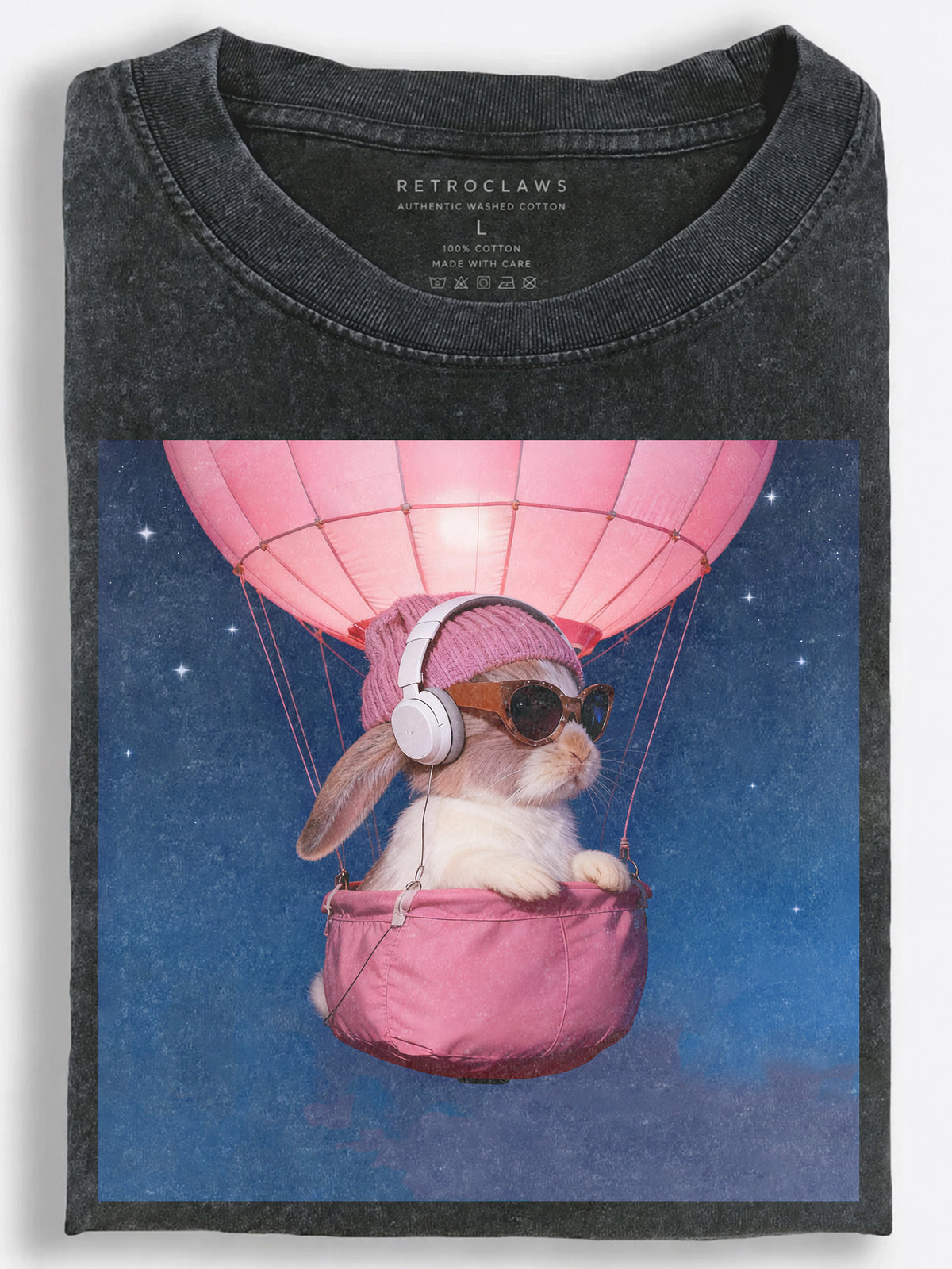 Rabbit Riding a Hot Air Balloon Vintage Washed T-Shirt