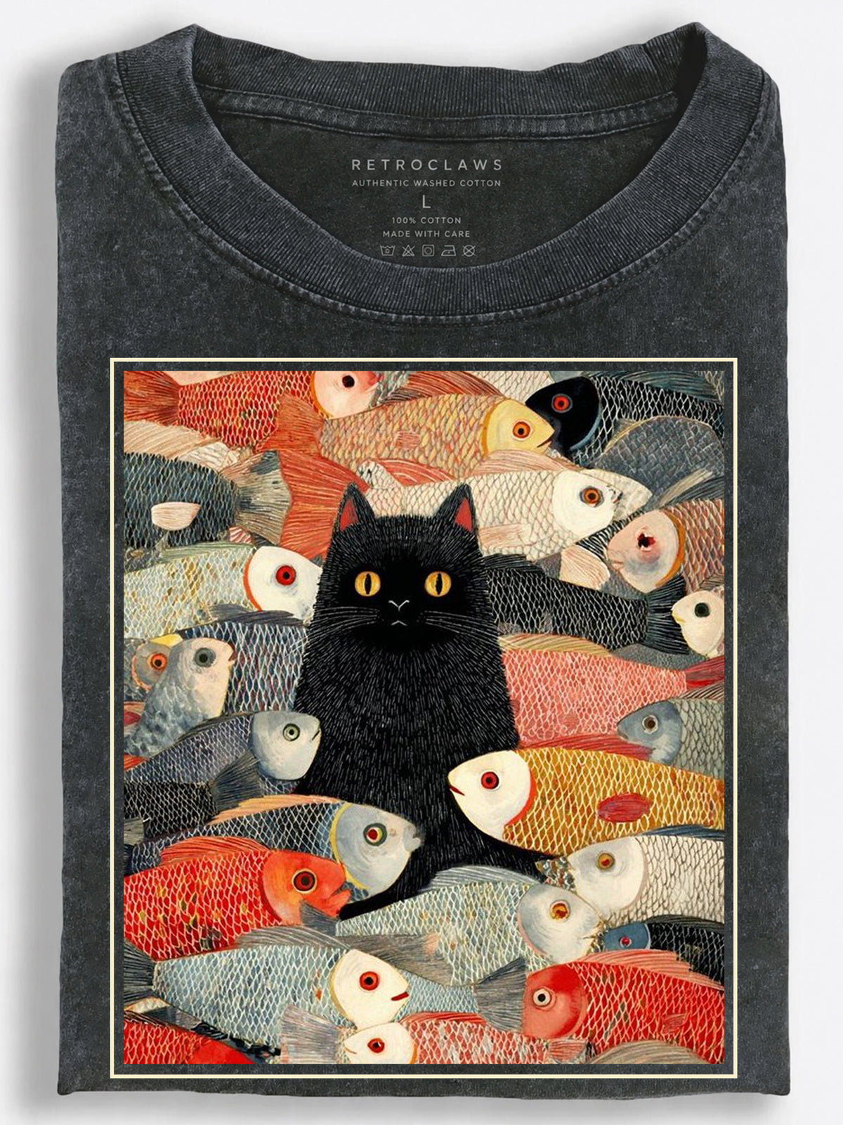 Cat Surrounded by Colorful Fish Vintage Washed T-Shirt