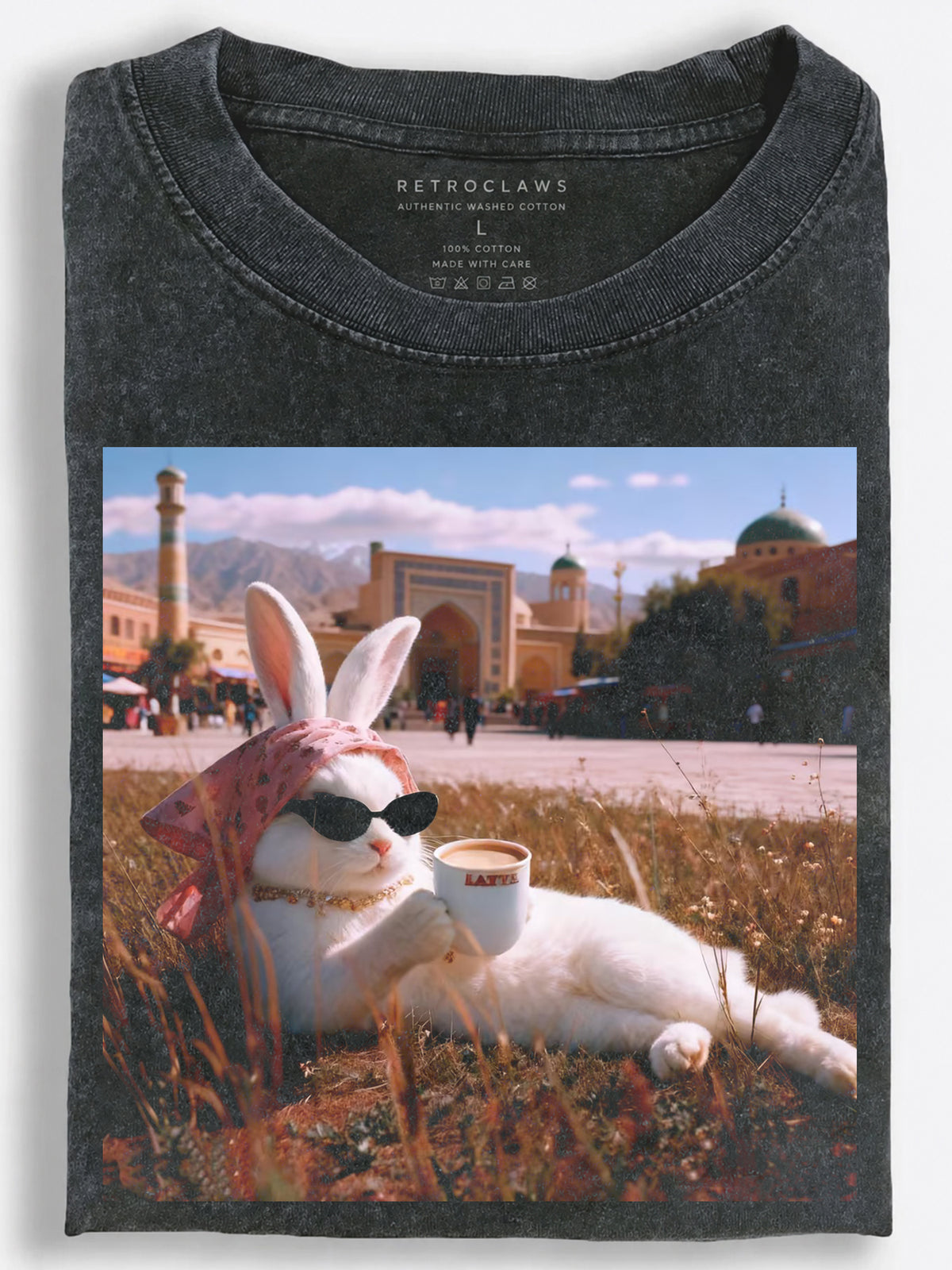 Rabbit Drinking Coffee Vintage Washed T-Shirt