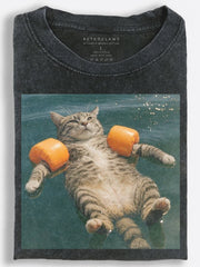 Cat Floating in the Pool Vintage Washed T-Shirt