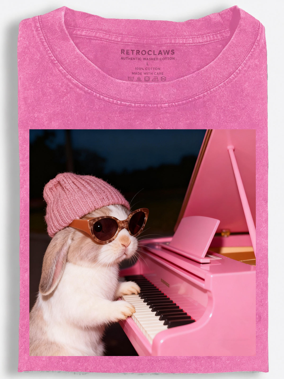 Rabbit Playing Pink Piano Vintage Washed T-Shirt