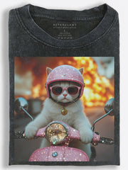Cat Riding a Pink Scooter Vintage Washed T-Shirt
