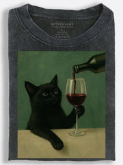 Cat Red Wine Evening Vintage Washed T-Shirt