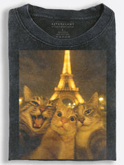 Cats Paris Night Selfie Vintage Washed T-Shirt