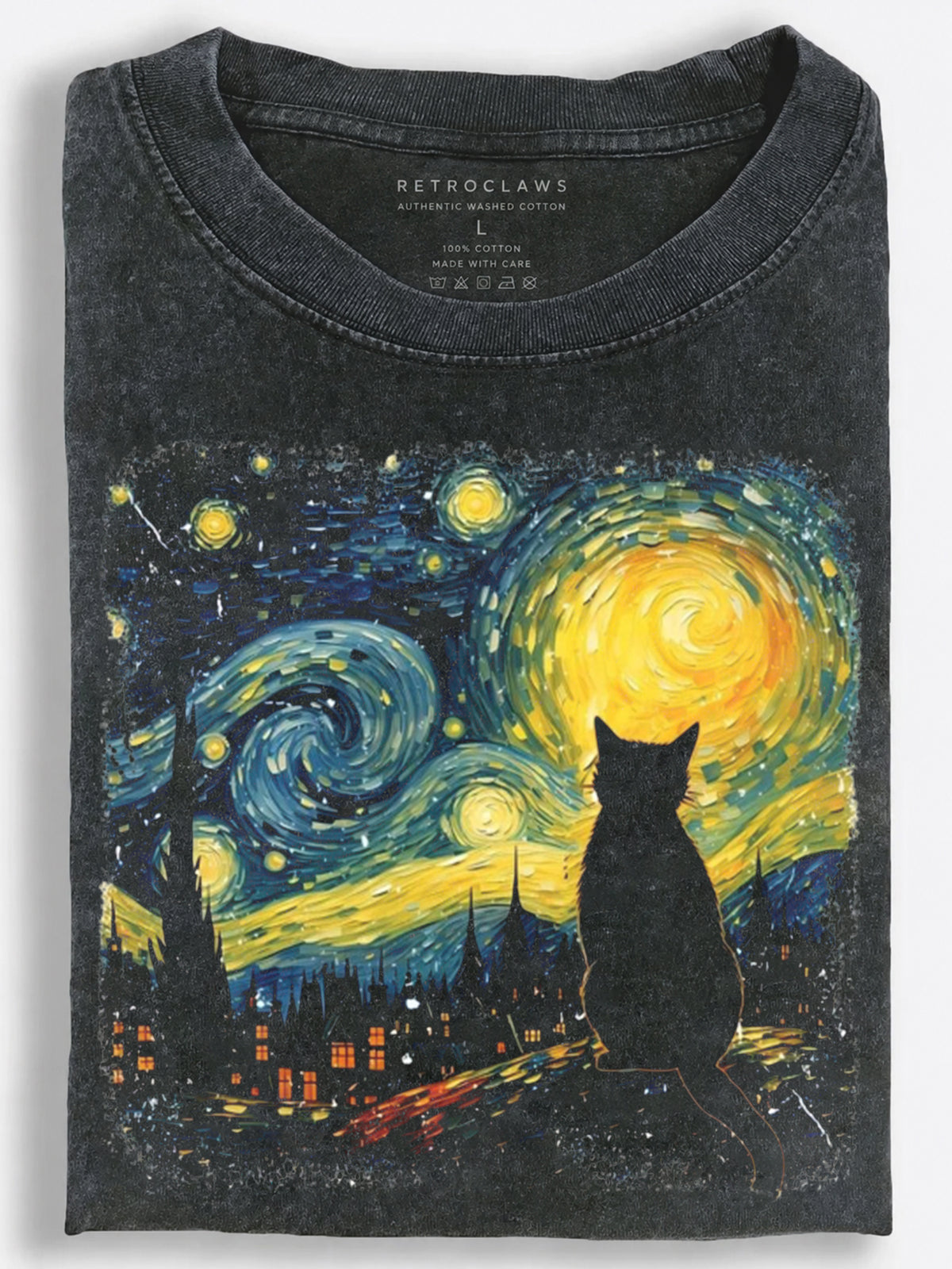 Cat Gazing at the Starry Night Vintage Washed T-Shirt