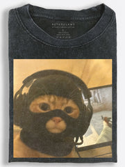 Cat Football Helmet Vintage Washed T-Shirt
