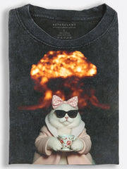 Unbothered White Cat Drinking Tea During an Explosion Vintage Washed T-Shirt