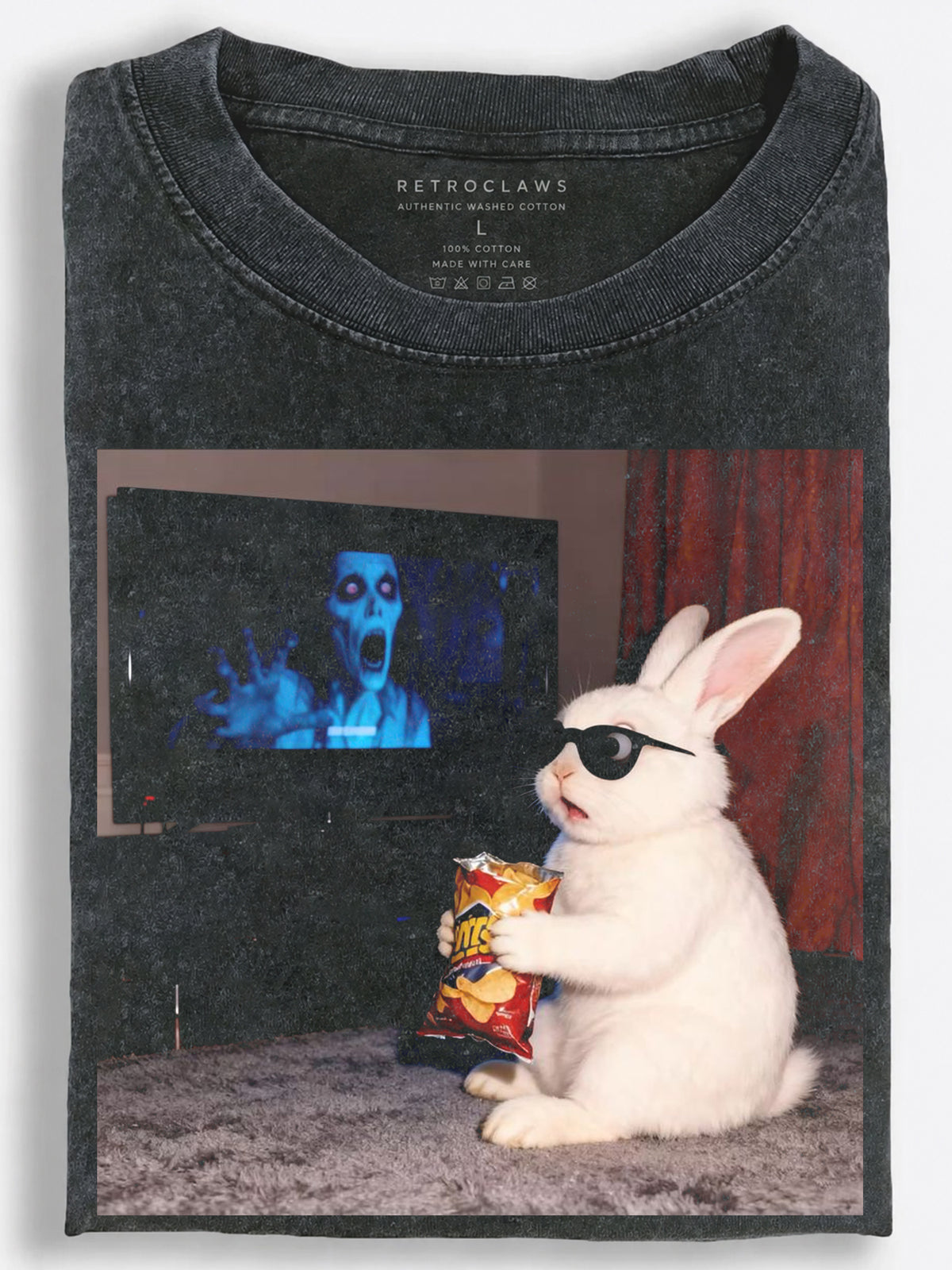 Funny Bunny Watching a Scary Movie with Chips Vintage Washed T-Shirt