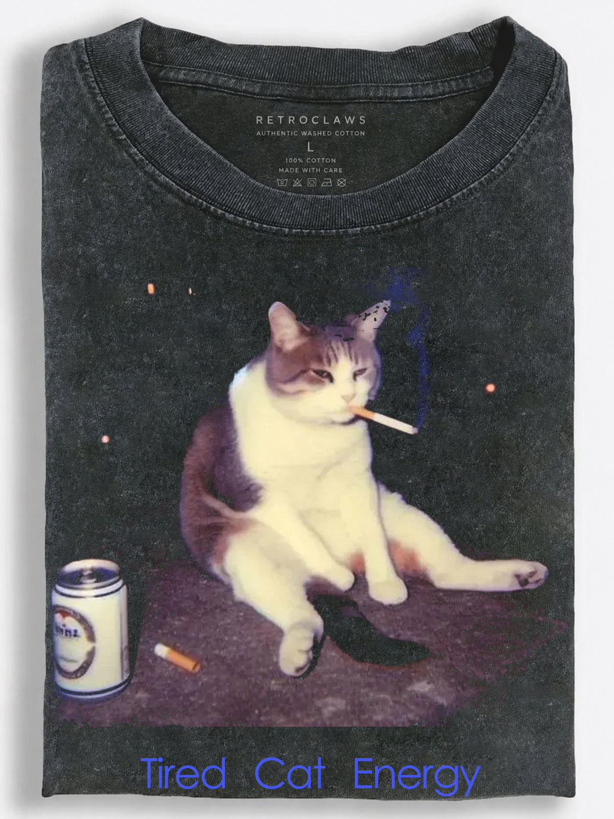Tired Cat Energy Smoking and Beer Vintage Washed T-Shirt