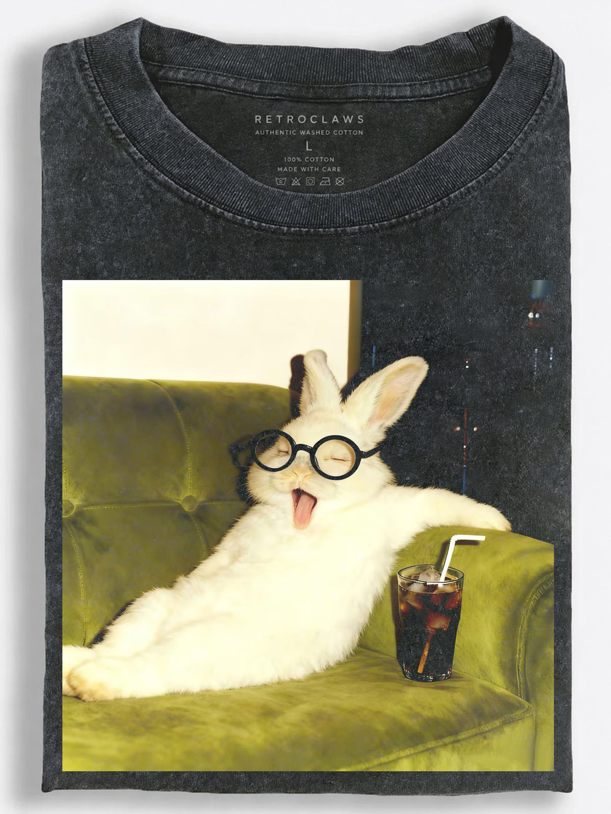 Funny White Rabbit Lounging with a Soda Vintage Washed T-Shirt