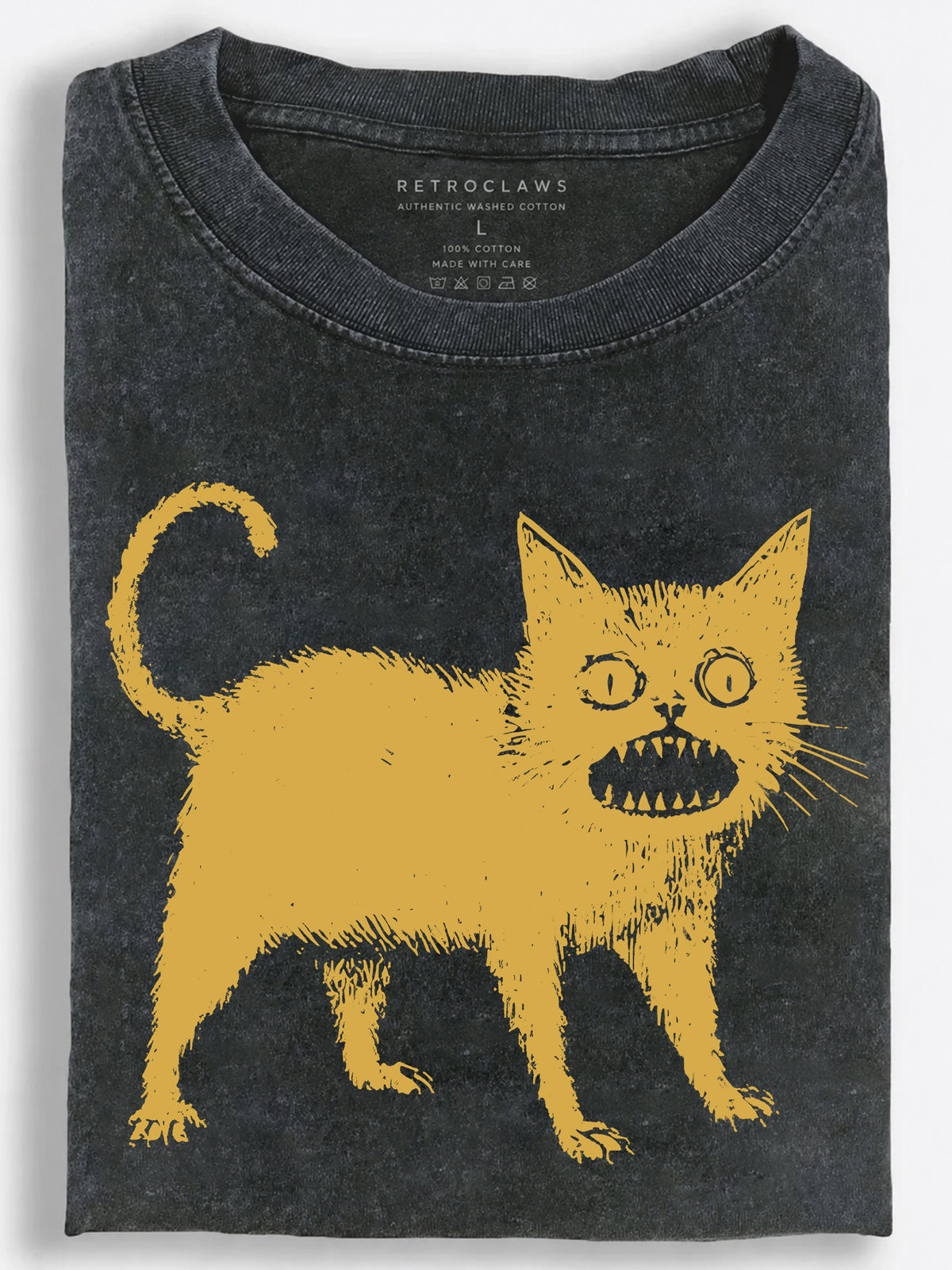Creepy Yellow Cat Distressed Sketch Vintage Washed T-Shirt