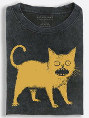 Creepy Yellow Cat Distressed Sketch Vintage Washed T-Shirt