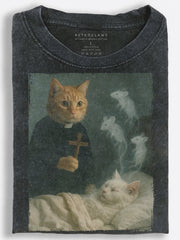 Cat Priest Exorcising Ghost Mice Vintage Washed T-Shirt