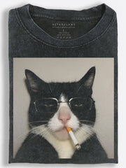 Cool Tuxedo Cat Wearing Sunglasses and Smoking Vintage Washed T-Shirt