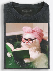 Cozy White Cat Reading in a Bubble Bath Vintage Washed T-Shirt