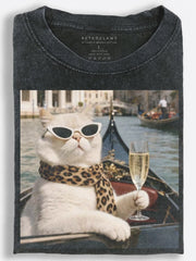 Chic White Cat Drinking Champagne in Venice Vintage Washed T-Shirt