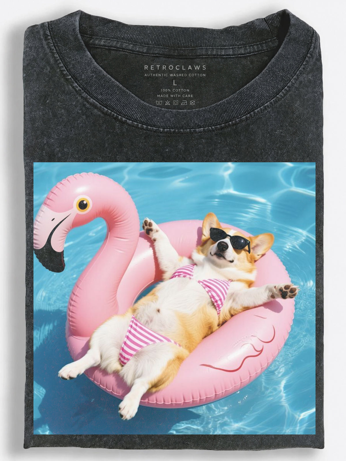 Funny Corgi Poolside Vacation on a Pink Flamingo Float Vintage Washed T-Shirt