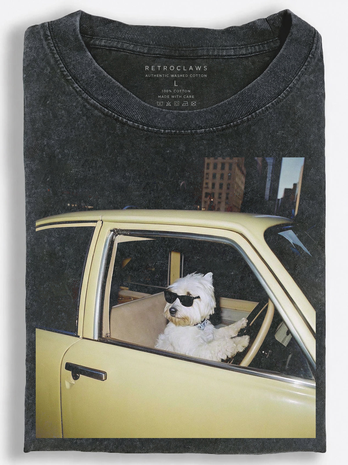 Cool Sunglasses Dog Driving a Vintage Car Washed T-Shirt