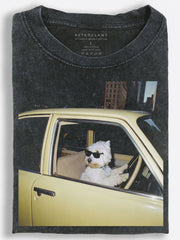 Cool Sunglasses Dog Driving a Vintage Car Washed T-Shirt