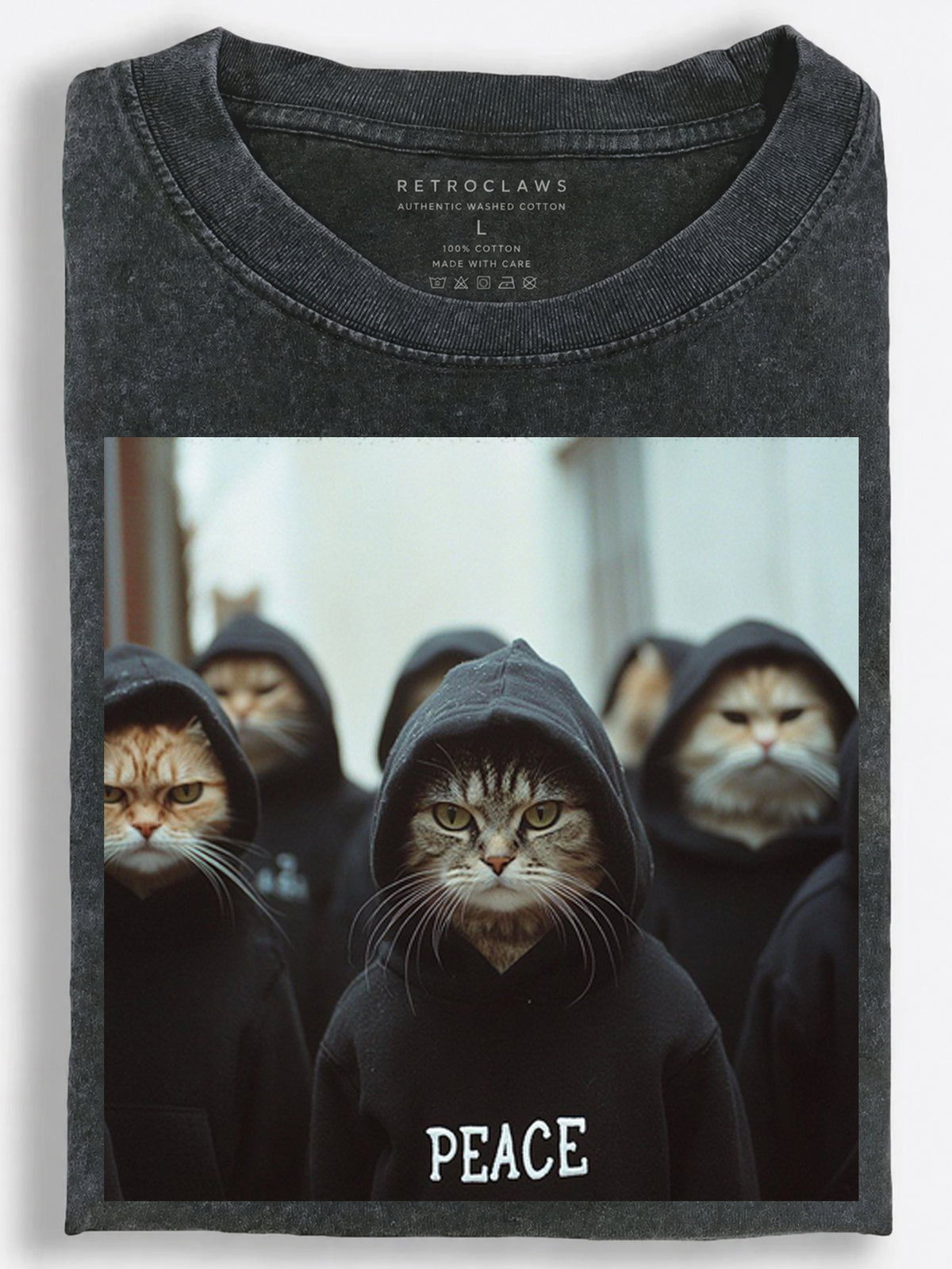 Hooded Peace Cat Crew Vintage Washed T-Shirt