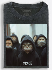 Hooded Peace Cat Crew Vintage Washed T-Shirt