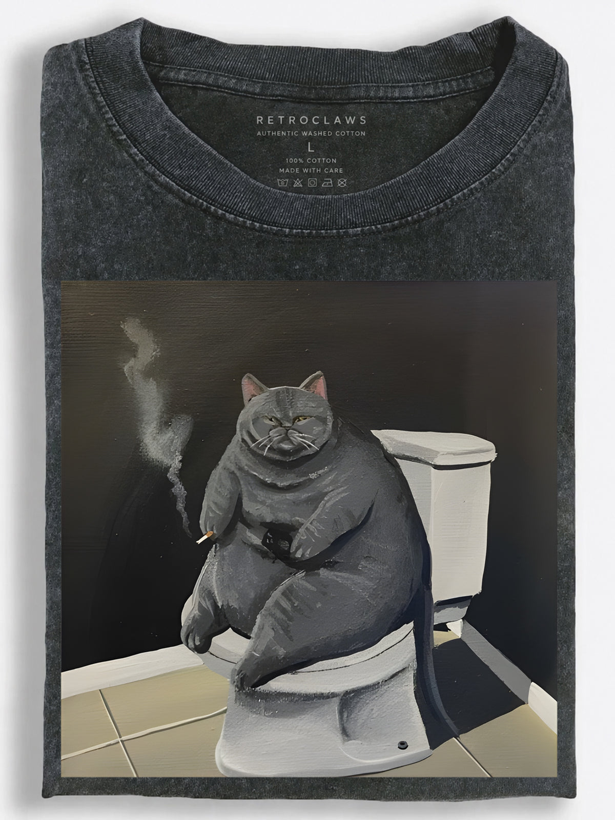 Grumpy Fat Cat Smoking on the Toilet Vintage Washed T-Shirt