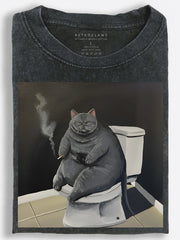 Grumpy Fat Cat Smoking on the Toilet Vintage Washed T-Shirt
