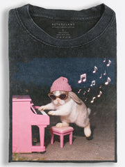 Cool Piano-Playing Bunny in Pink Beanie Vintage Washed T-Shirt
