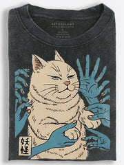 Yokai Cat Surrounded by Ghostly Hands Vintage Washed T-Shirt