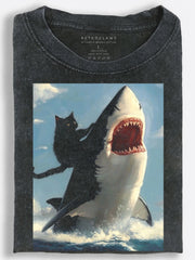 Black Cat Riding a Great White Shark Vintage Washed T-Shirt