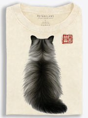 Long-Haired Black Cat Back View Minimalist Art Vintage Washed T-Shirt