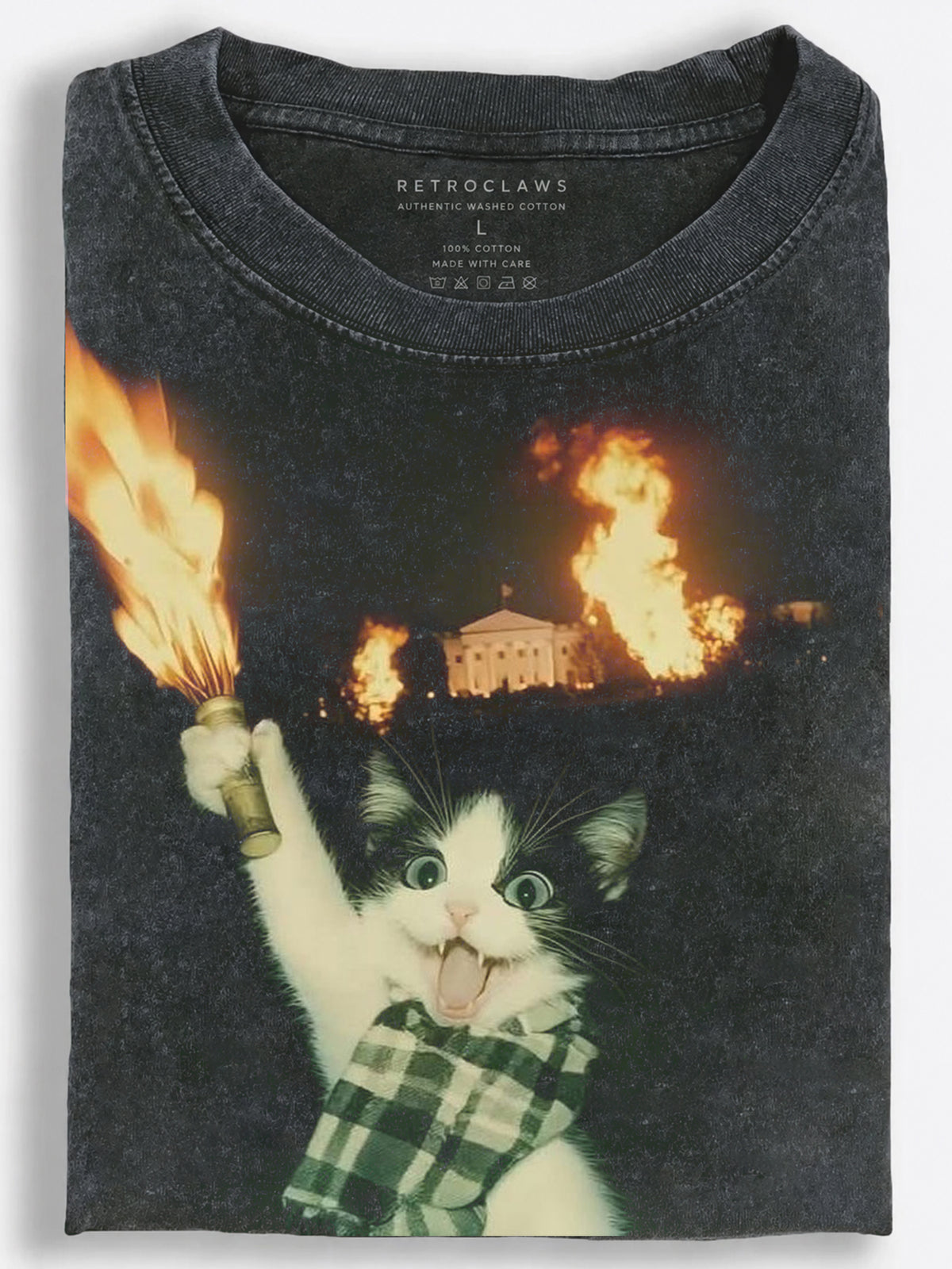 Chaotic Cat Holding a Flaming Torch Vintage Washed T-Shirt