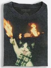 Chaotic Cat Holding a Flaming Torch Vintage Washed T-Shirt