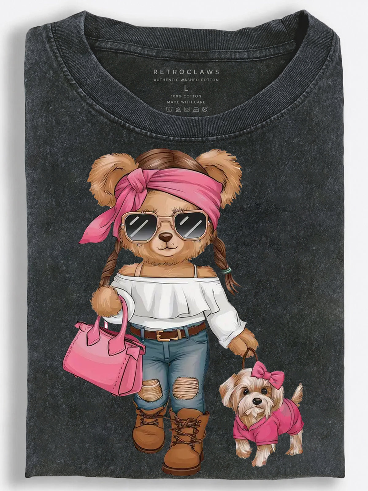 Fashionable Bear Walking Her Little Dog Vintage Washed T-Shirt