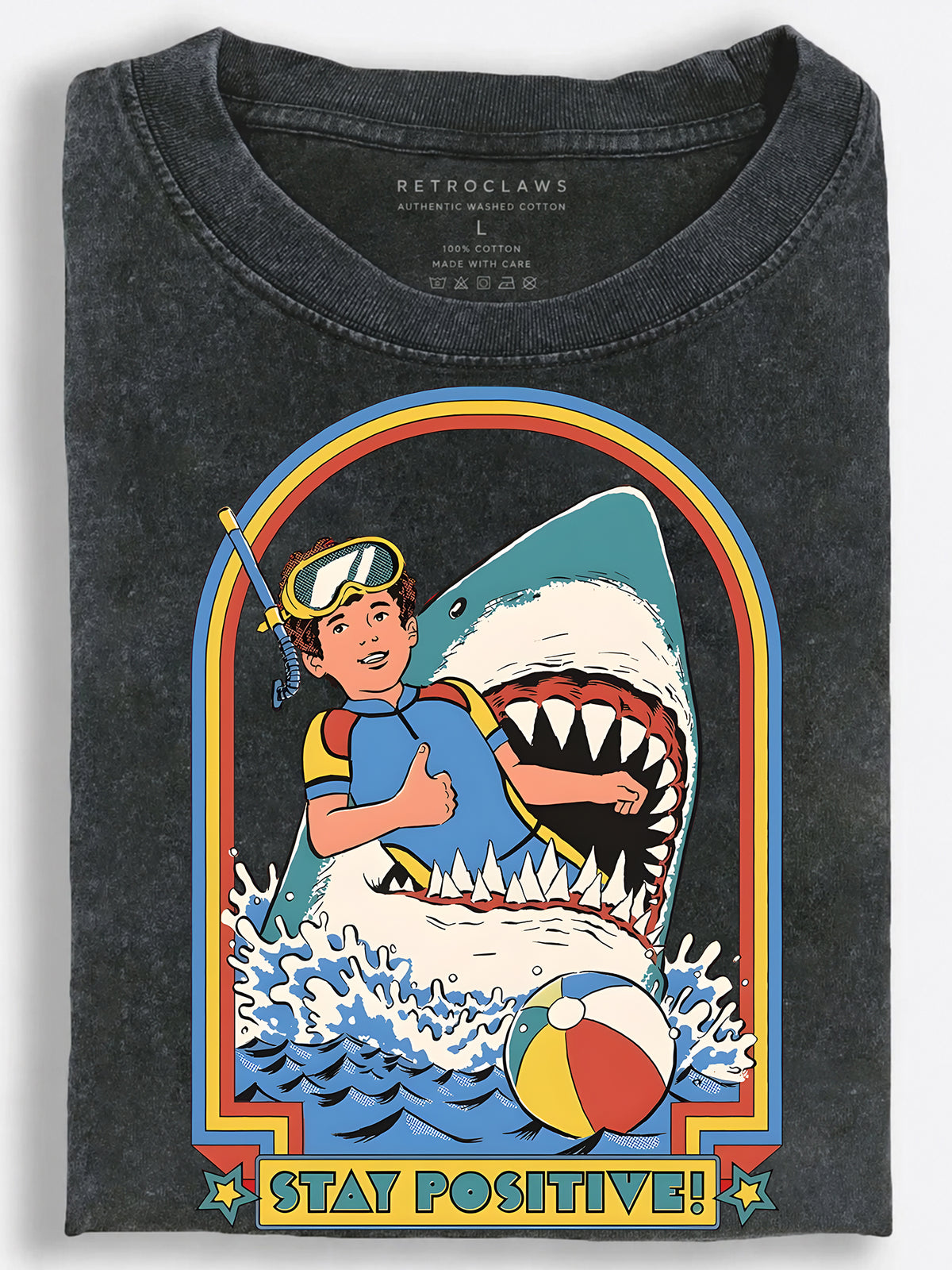 Shark Attack ???Stay Positive??¨¤ Retro Comic Vintage Washed T-Shirt